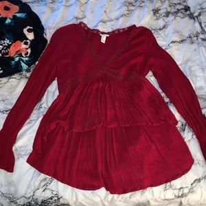 High low red long sleeve blouse